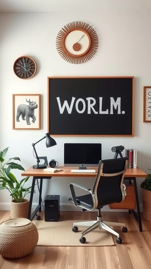 A modern home office with unique wall art, including a chalkboard, framed bear illustration, and stylish clocks.