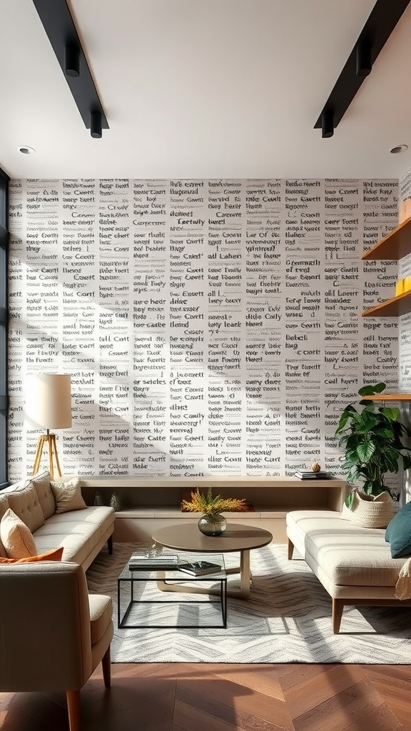 A modern living room featuring unique wallpaper with creative text, showcasing a blend of contemporary and Japandi design elements.