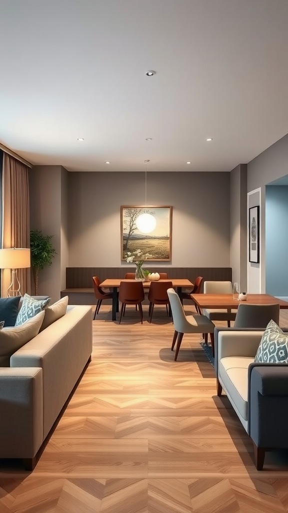 Cozy living room and dining room combo with a modern design featuring a sofa, chairs, and a dining table