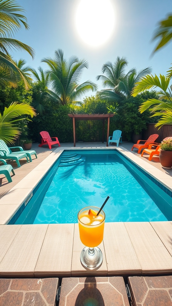 A cute 10ft rectangular swimming pool surrounded by tropical plants and colorful lounge chairs.