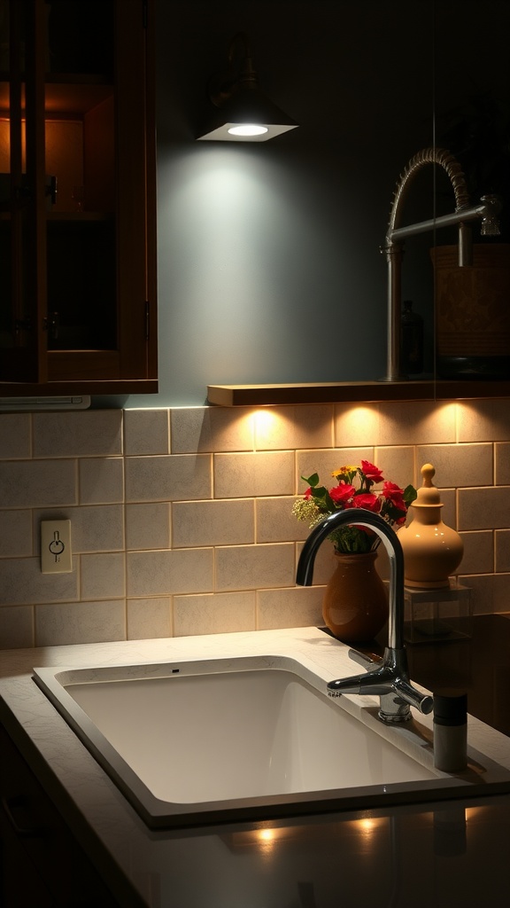 A modern kitchen sink area with up lighting, highlighting flowers and cabinetry