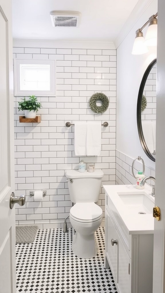 A stylish bathroom featuring black and white flooring, subway tile walls, and modern fixtures.
