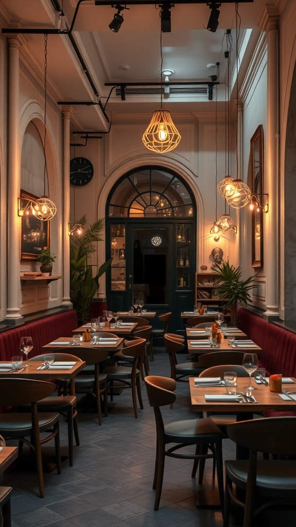 A stylish Italian dining room with wooden tables, red banquette seating, and unique pendant lighting.