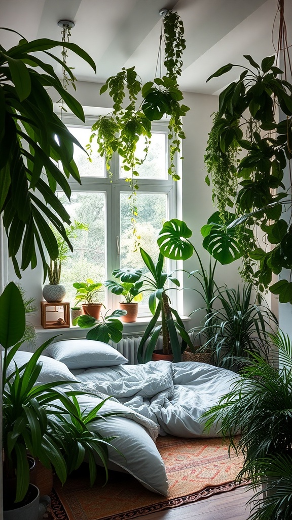 A cozy bedroom featuring a bed surrounded by lush indoor plants, creating an urban jungle vibe.