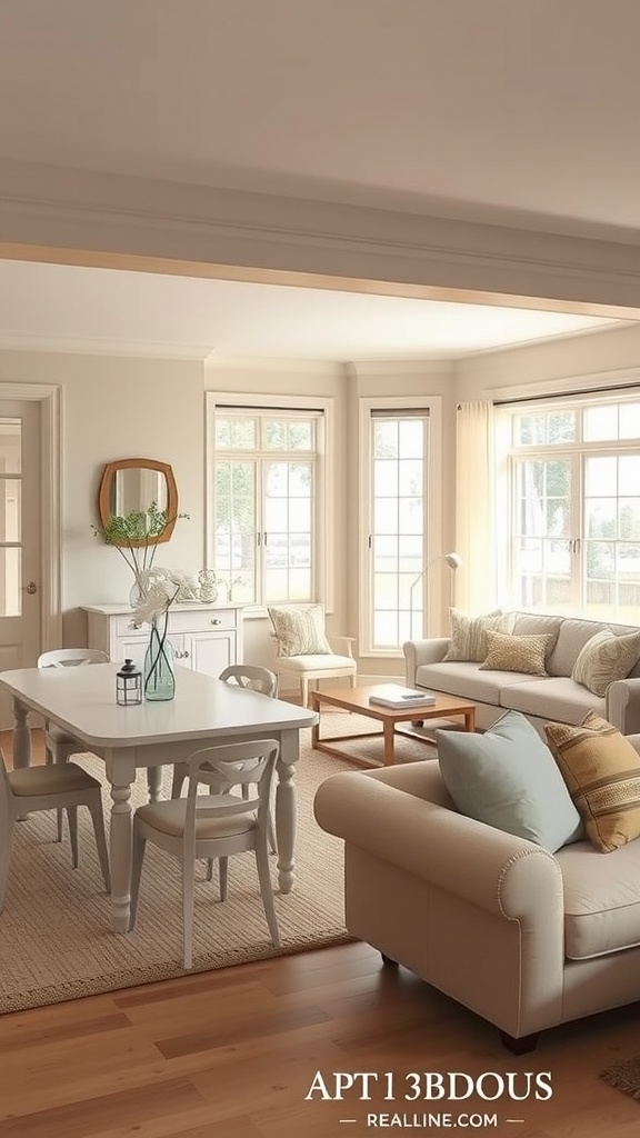 Cozy living room and dining room combination with pale palette, featuring a light dining table and soft sofa.
