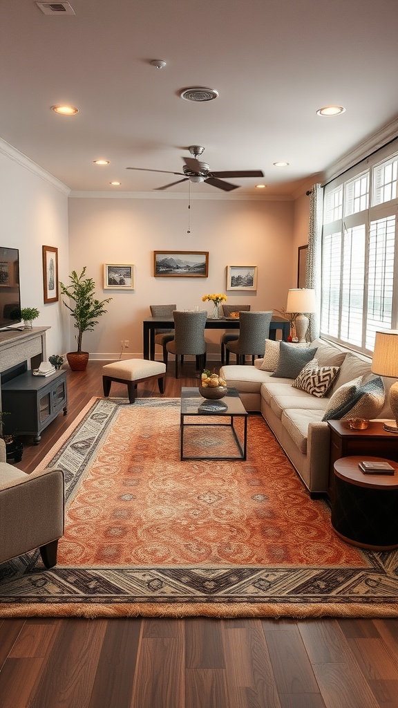 A cozy living room and dining room combo featuring a decorative rug that defines the space.
