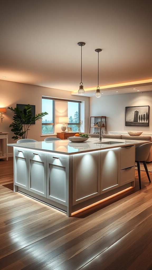 A modern kitchen with adjustable spotlighting highlighting a kitchen island.