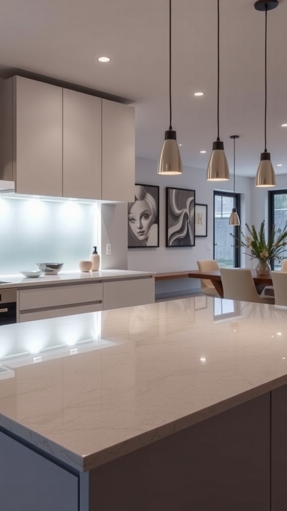 Modern kitchen featuring backlit glass backsplash and stylish pendant lights