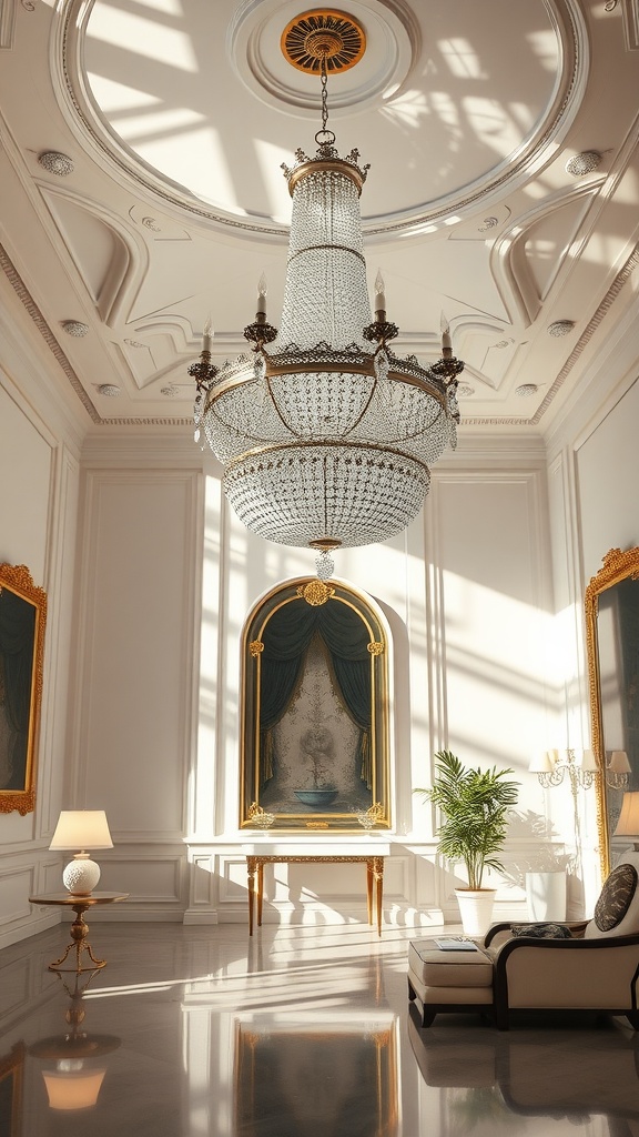 A luxurious room featuring a grand chandelier, elegant furniture, and decorative artwork.
