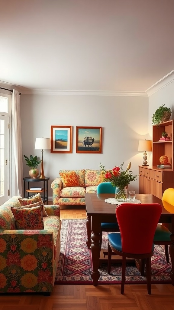 A vibrant living room dining room combo featuring colorful floral upholstery and bright dining chairs.