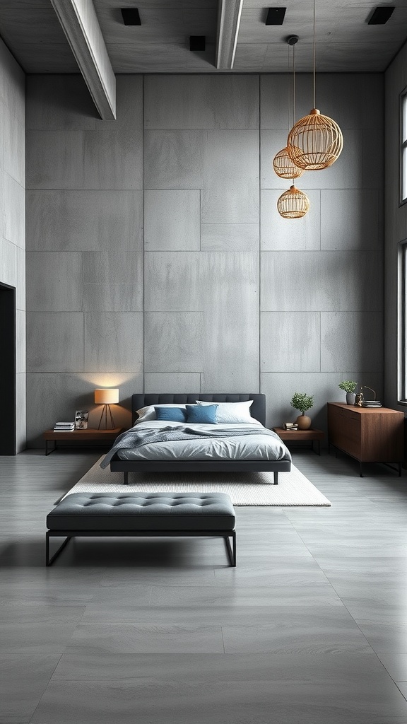 A modern industrial bedroom featuring concrete walls and flooring, minimalist furniture, and warm pendant lighting.