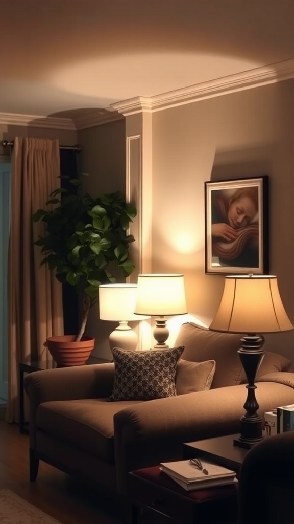 Cozy living room with soft lighting from two lamps, featuring a couch, a plant, and artwork on the wall.
