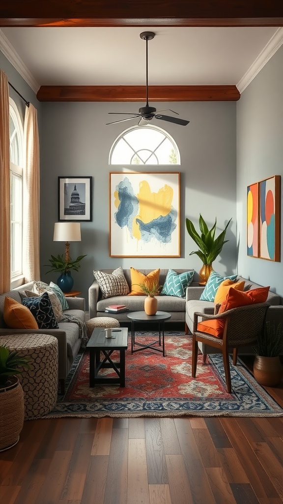 Cozy living room with graphic patterns and vibrant colors.