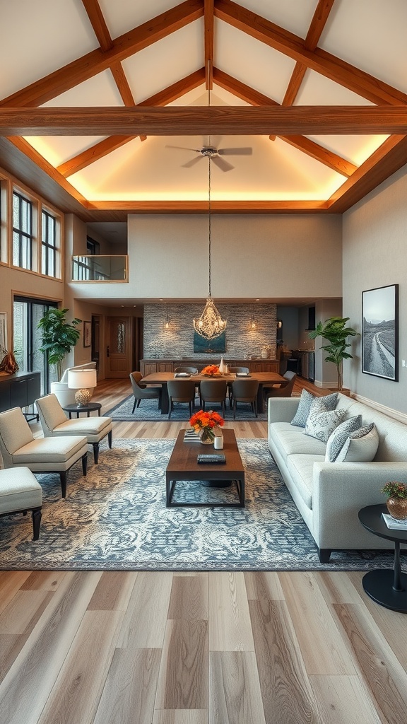 A spacious living room dining room combo featuring large-scale furniture with a cozy atmosphere.