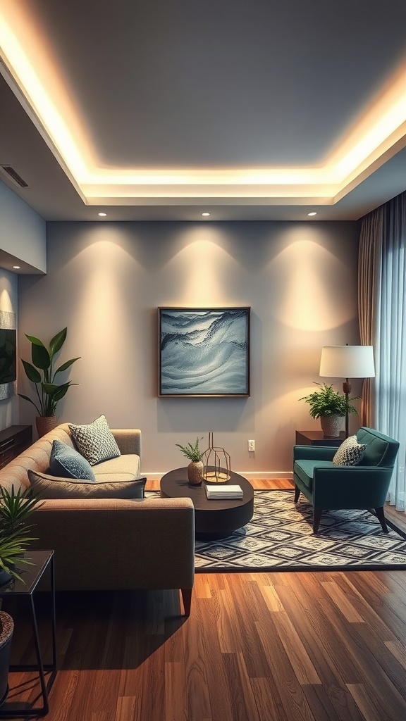 A stylish living room with layered lighting, featuring recessed lights, a floor lamp, and artwork.