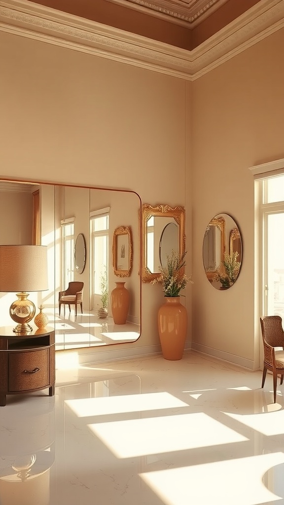 A well-lit room featuring multiple mirrors reflecting light and enhancing the decor.