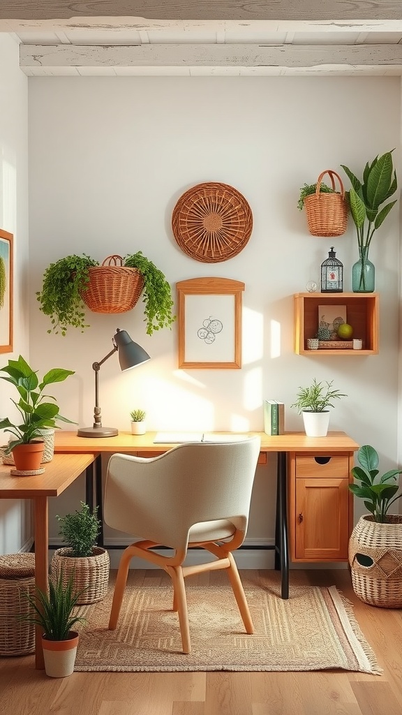 A cozy home office featuring natural materials, plants, and warm wooden furniture in an English cottage style.
