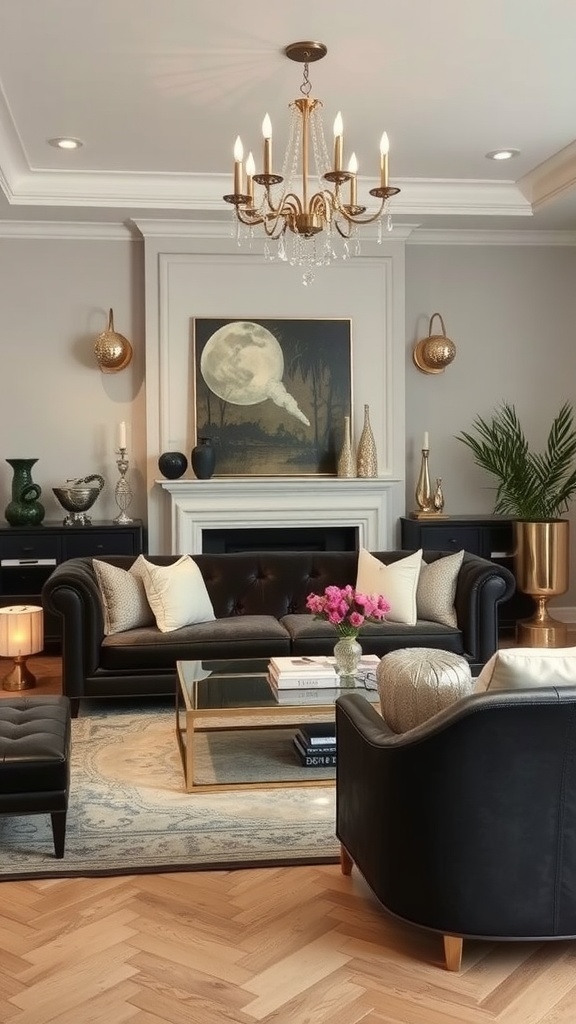 A stylish living room featuring metallic accents, black leather sofas, and a decorative chandelier.