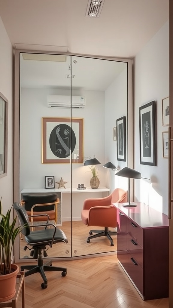 A small home office featuring a large mirror, modern furniture, and a bright, inviting atmosphere.