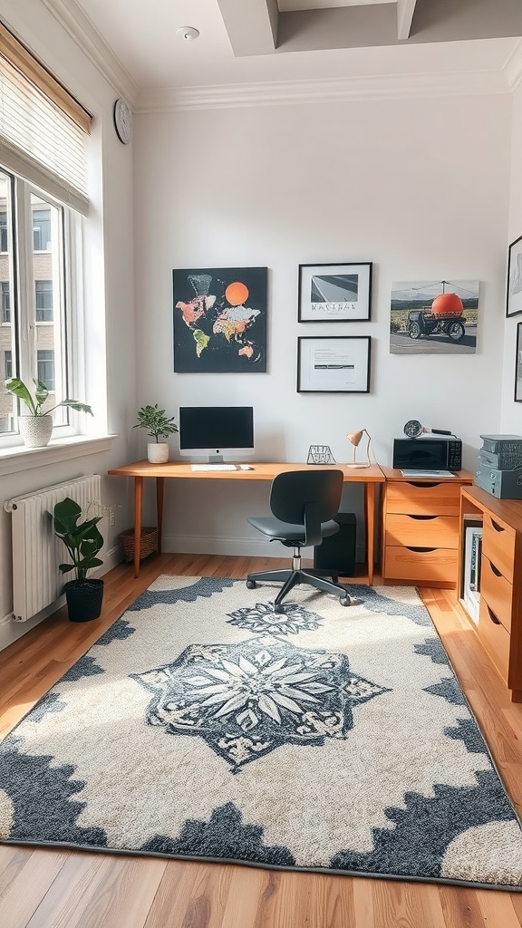 A small home office with a rug defining the work area, featuring a desk, chair, and decorative wall art.