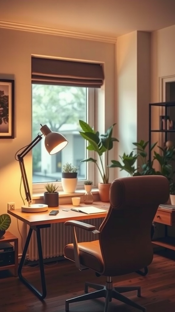 Cozy home office with warm lighting, a desk, a chair, and plants by the window