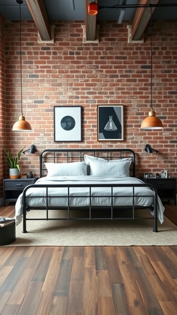 A modern industrial bedroom featuring a black metal bed frame on a wooden floor with a brick wall and stylish light fixtures.