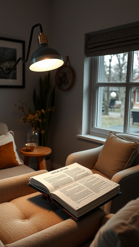 Cozy reading nook with a lamp illuminating an open book on a couch.