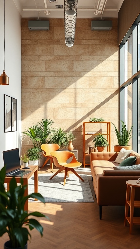 A modern office space featuring a textured stone wall, plants, comfortable seating, and natural light.