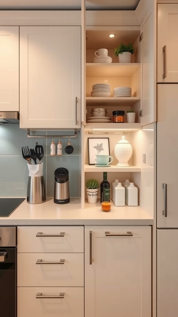 A modern kitchen showcasing shelves on the sides of cabinets with plates and decorative items.