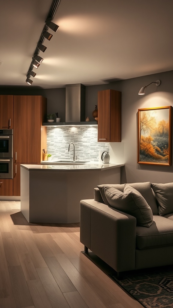 A cozy open living room and kitchen space featuring track lighting that highlights the kitchen backsplash and living room artwork.