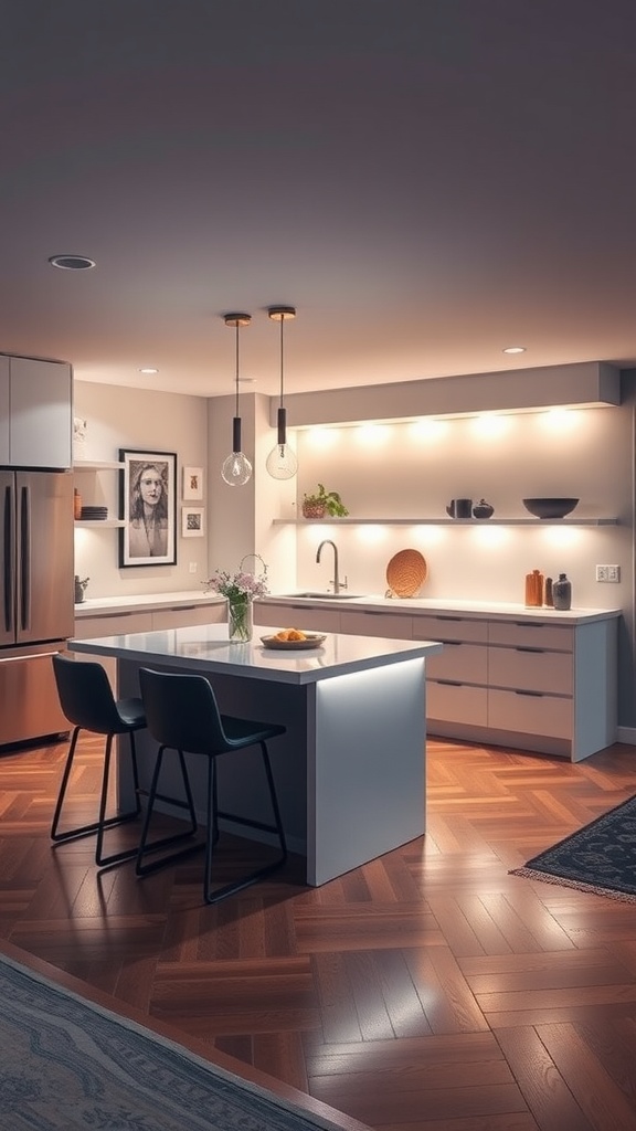 Modern kitchen with under-cabinet lighting illuminating the counters in a stylish open layout.