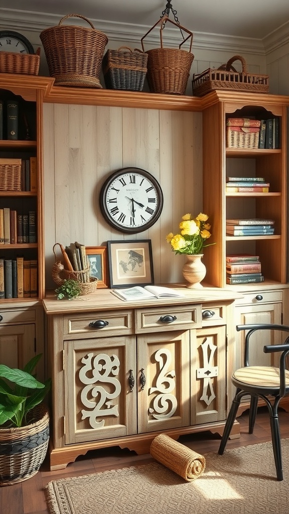 A cozy home office with wooden furniture, woven baskets, and plants, showcasing vintage-inspired storage solutions.