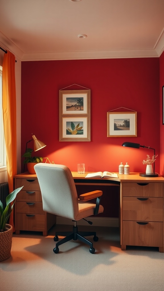 A cozy home office with warm red walls, a wooden desk, orange curtains, and a plant.