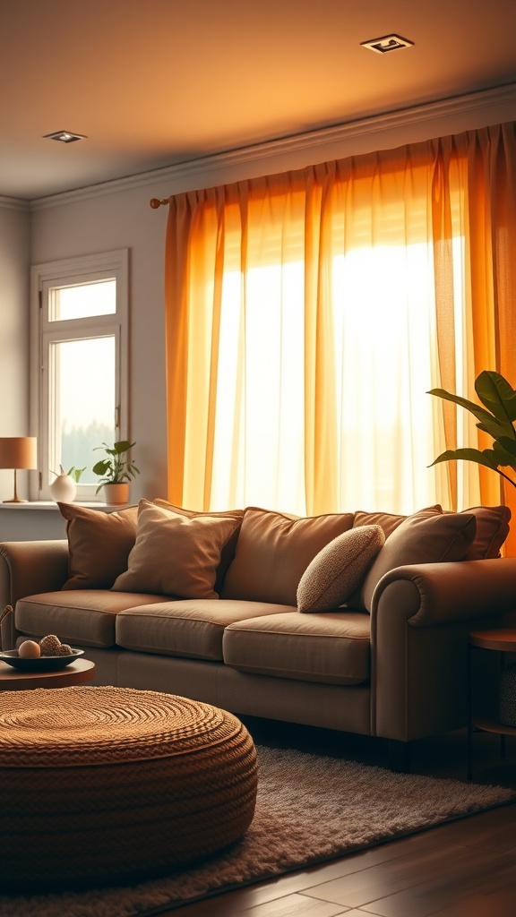 Cozy living room with warm light from the sun, featuring a comfortable sofa, soft curtains, and a woven coffee table.