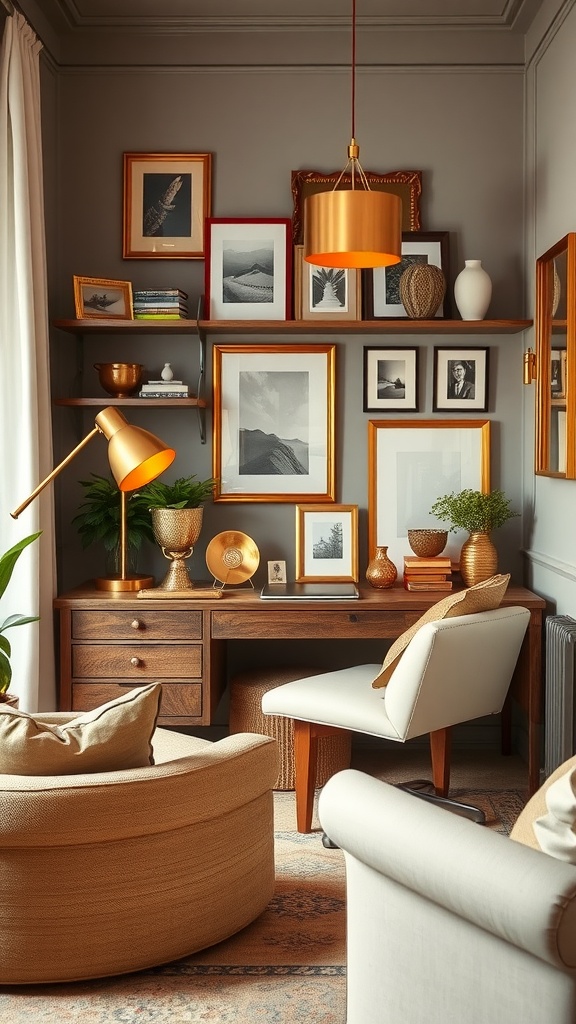 Cozy home office with warm metallic accents, featuring a wooden desk, golden lamp, and stylish decor