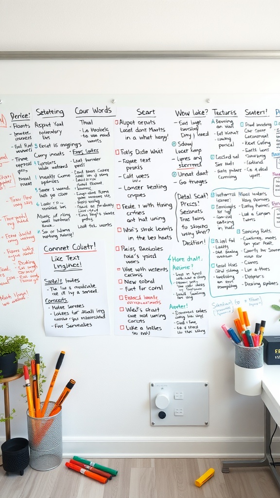 A whiteboard filled with notes, ideas, and colorful markers, showcasing a creative planning space