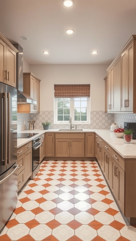 U-shaped kitchen with bold patterned floor tiles and wooden cabinets.