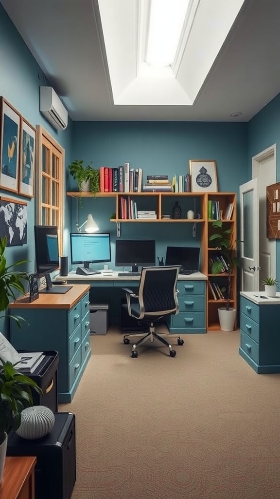 A small office with blue walls, wooden furniture, a desk with dual monitors, and plants for a cozy atmosphere.