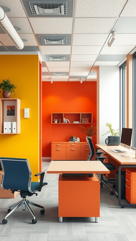 Brightly colored small office interior design with orange and yellow walls, featuring desks and plants.