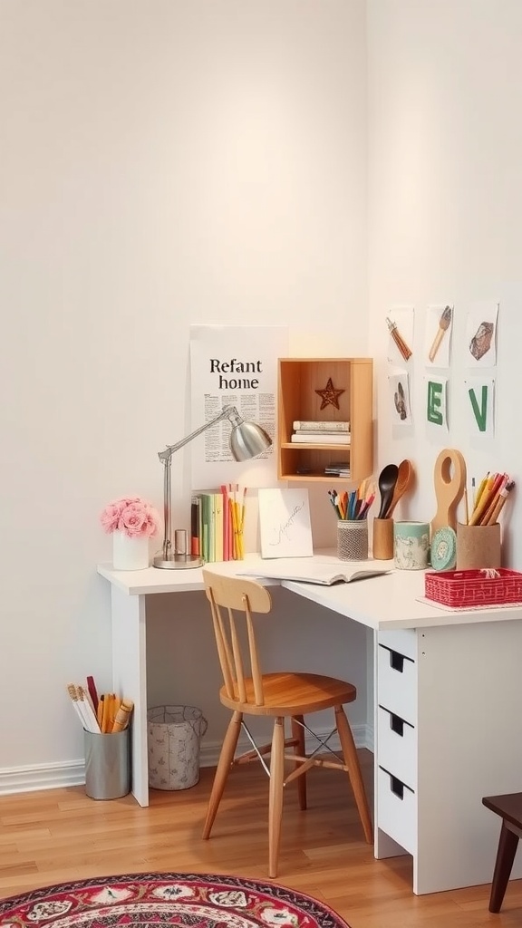 A cozy corner desk setup with a chair, lamp, and organized stationery.