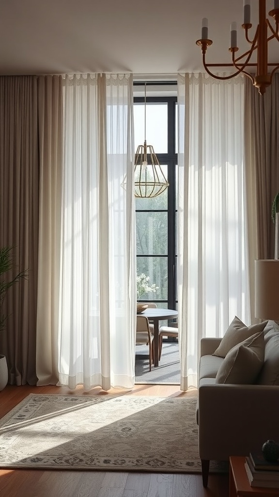 Bright and airy living room with sheer curtains separating the space and allowing natural light in.