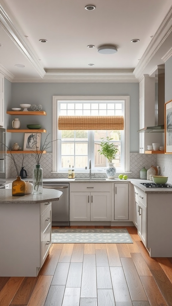 A well-designed U-shaped kitchen featuring decorative elements like open shelves, plants, and warm wooden flooring.