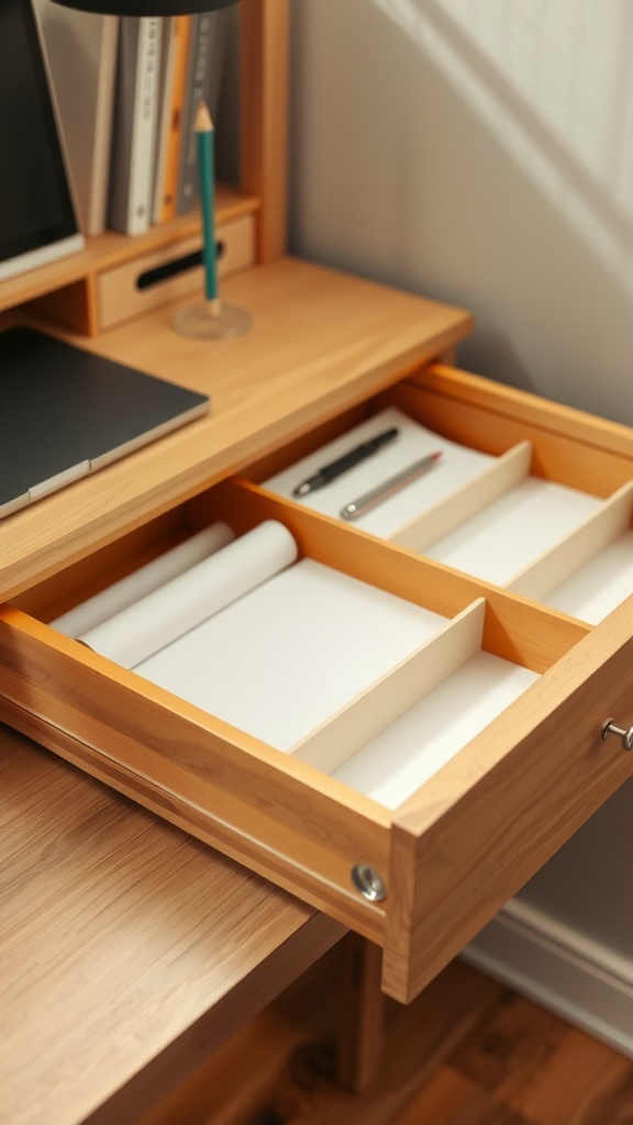 A well-organized desk drawer with dividers holding various office supplies.