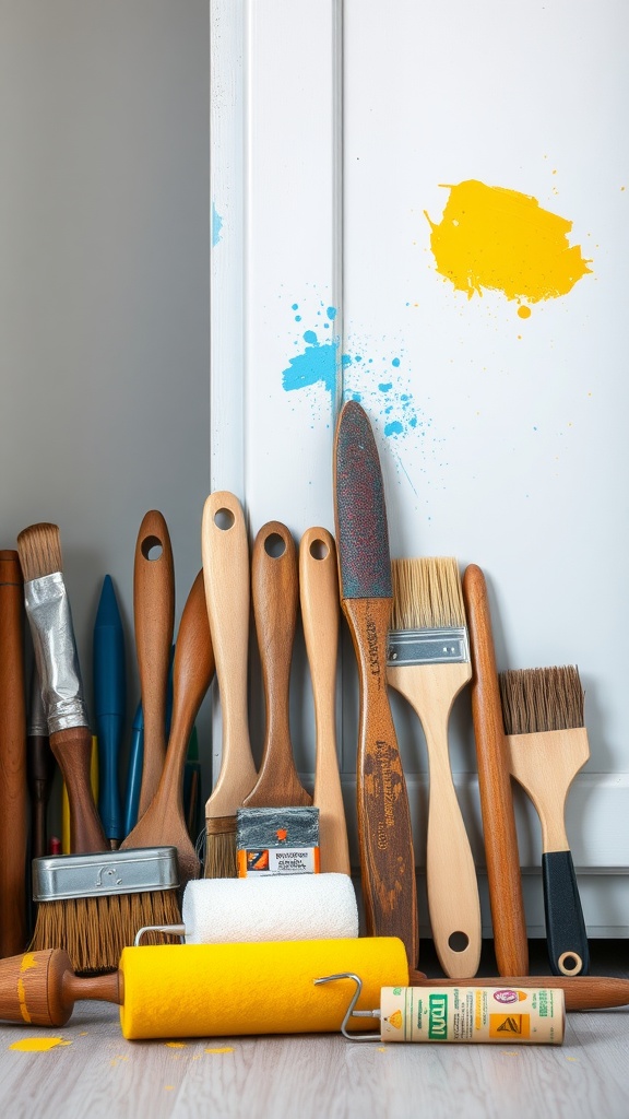 Various painting brushes and rollers arranged with splashes of color on a white cabinet