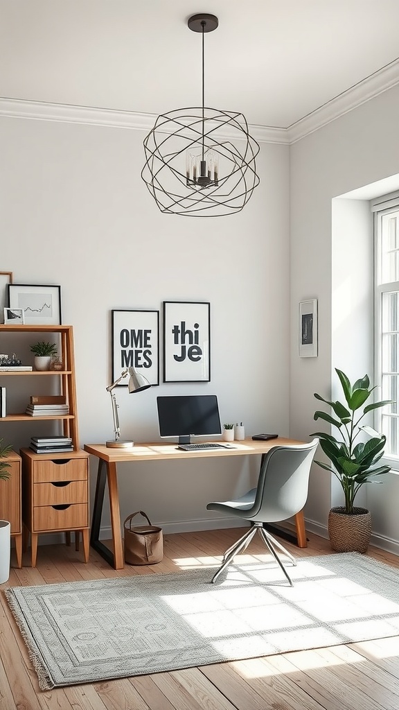 A minimalist home office featuring a geometric pendant light, desk with a computer, and potted plants.