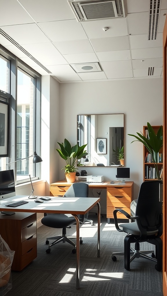 Bright small office with large mirror enhancing natural light and plants.