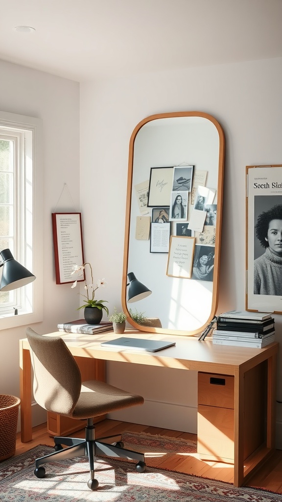A minimalist home office with a large mirror reflecting natural light and wall art.