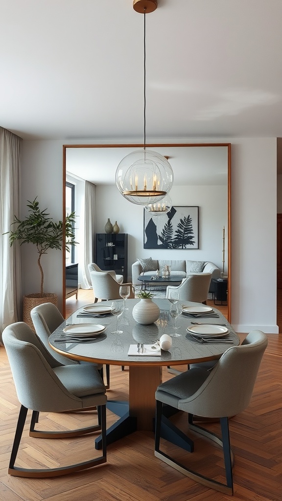 A stylish dining room with a large mirror reflecting the living area, showcasing a modern design and open space.