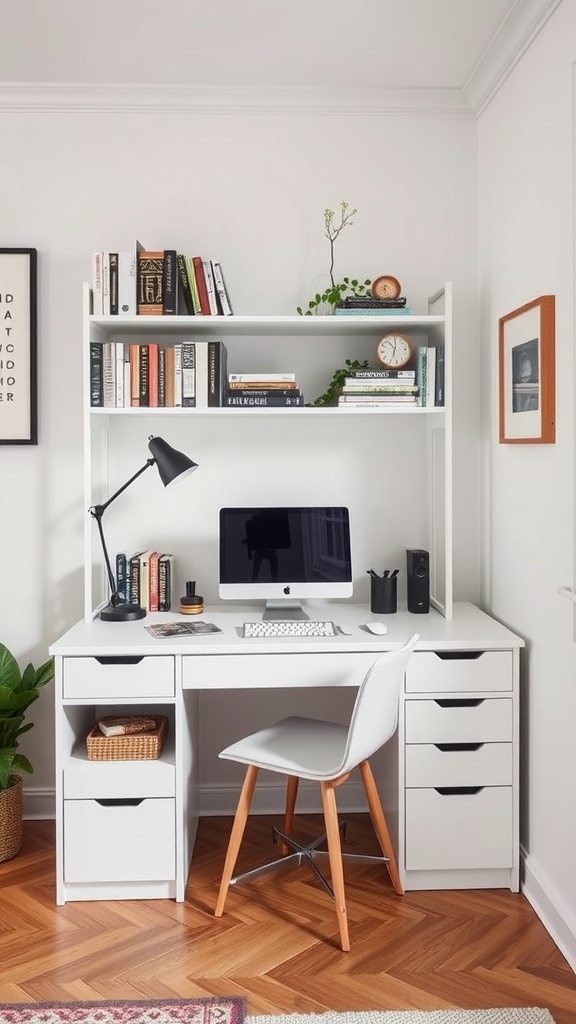 A modern home office setup with a white desk, bookshelves, and a comfortable chair.