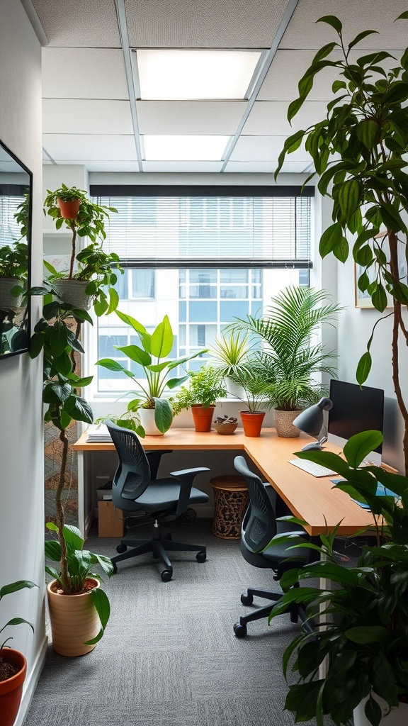 Small office interior with plants used as natural dividers between workspaces.